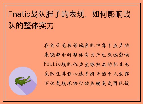 Fnatic战队胖子的表现，如何影响战队的整体实力